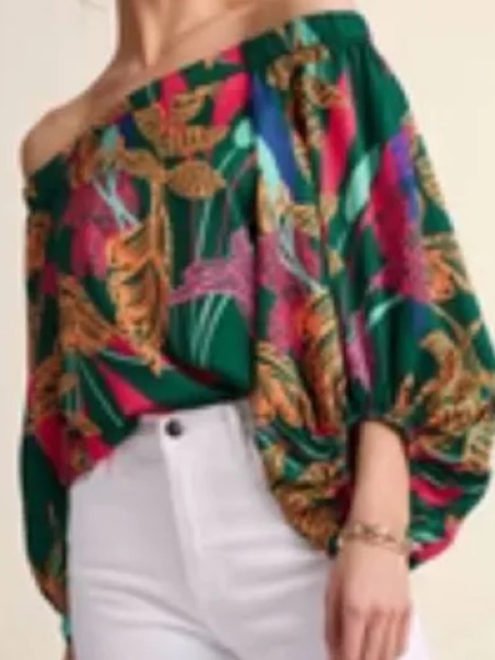 AVARA Off-Shoulder Floral Peasant Blouse in Dark Green NWT